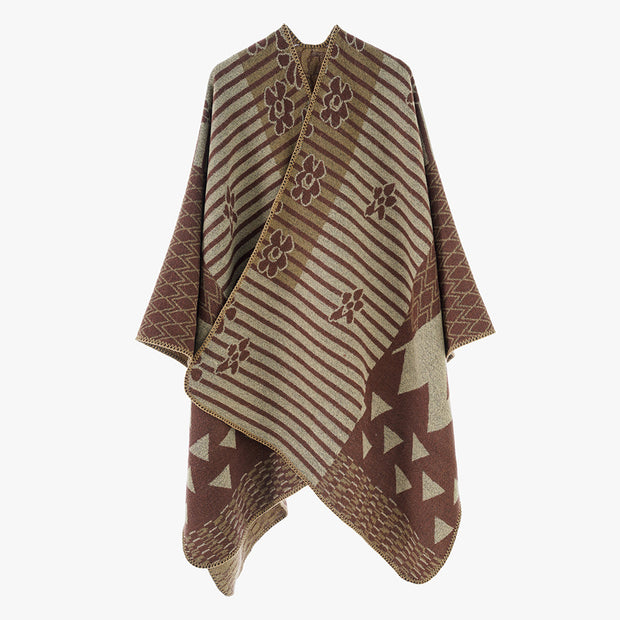 Damen Eleganter Poncho mit grafischem Muster und weichen Fransen WW