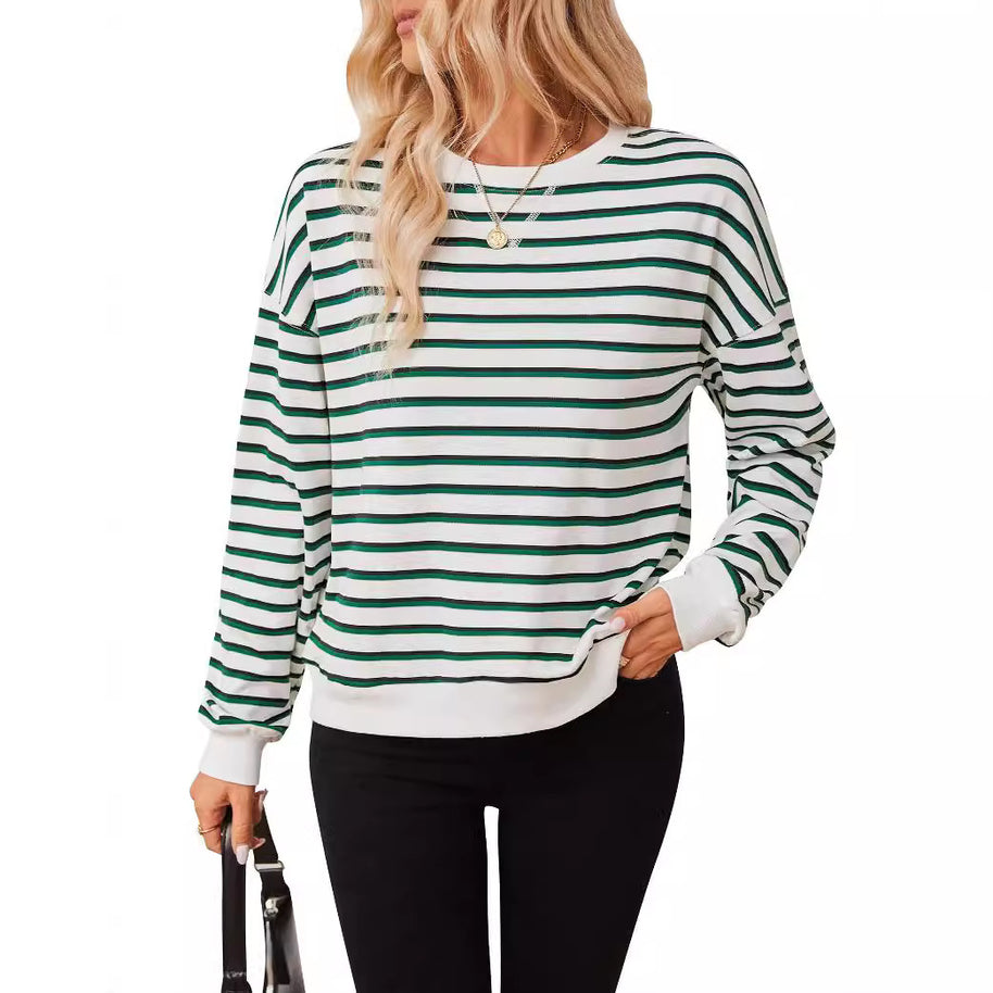 Damen lässiger Sweatshirt mit modernem Streifenmuster und Rundhalsausschnitt WW