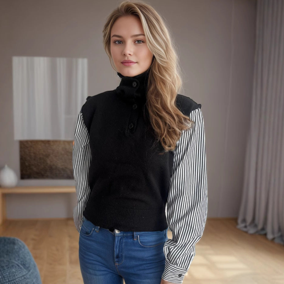 Damen Strickpullover mit modernem Kragen und eleganten gestreiften Ärmeln WW