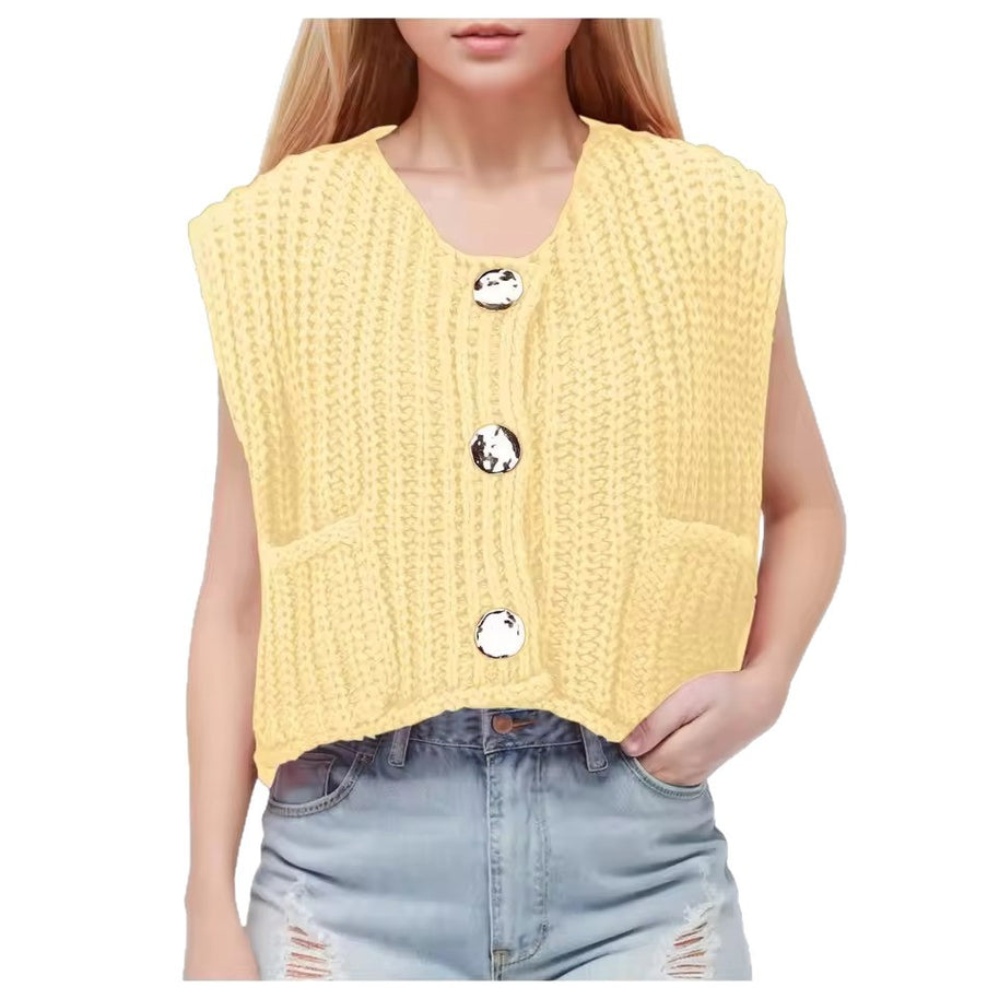 Damen Strickweste mit praktischen Taschen und dekorativen Holzknöpfen WW