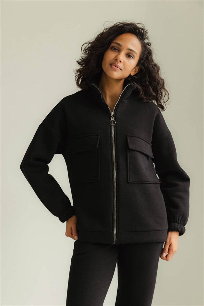 Damen bequeme Fleece-Jacke mit hohem Kragen und praktischen Taschen WW