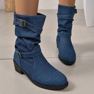 Damen Stiefeletten mit modischem Falten-Design und verstellbarem Riemen WW