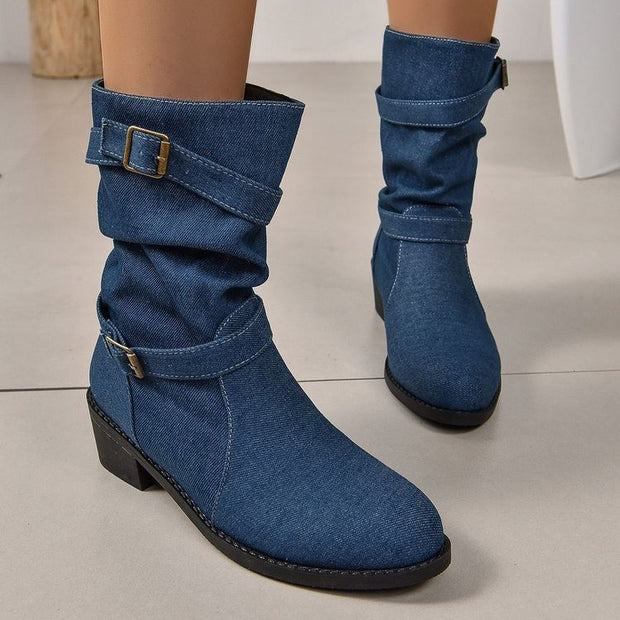 Damen Stiefeletten mit modischem Falten-Design und verstellbarem Riemen WW