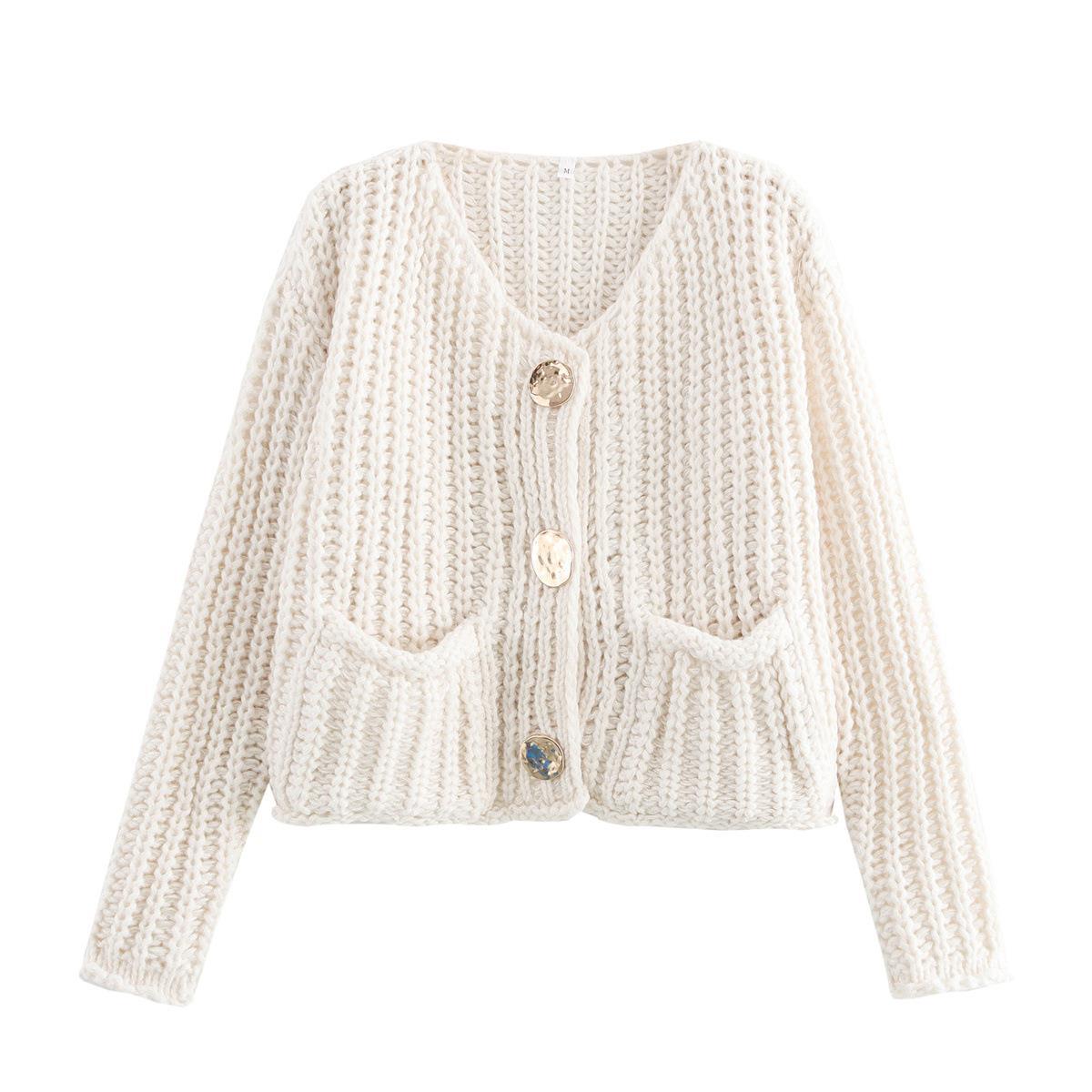 Damen Strickjacke mit dekorativen Knöpfen und seitlichen Taschen WW