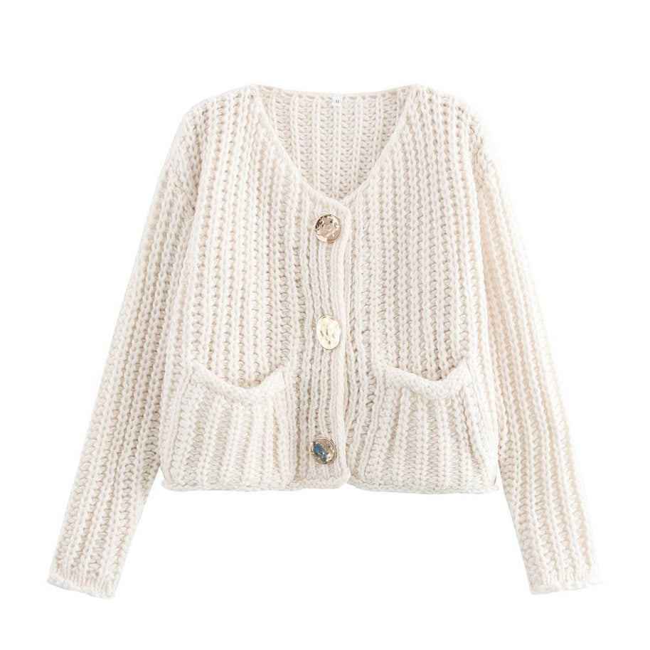 Damen Strickjacke mit dekorativen Knöpfen und seitlichen Taschen WW