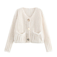 Damen Strickjacke mit dekorativen Knöpfen und seitlichen Taschen WW