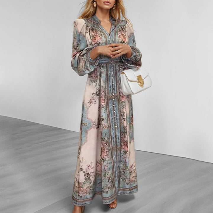 Damen Elegantes Maxikleid mit kunstvollem floralem Design und tailliertem Gürtel W&W Mode