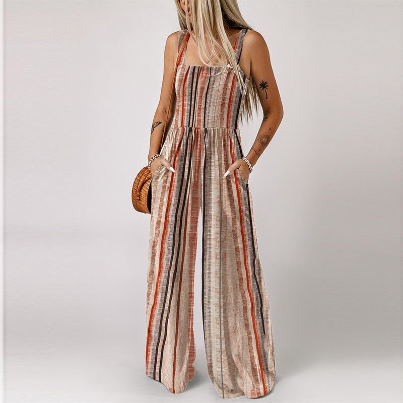 Damen weite Jumpsuit mit trendigem Streifenmuster und praktischen Taschen WW