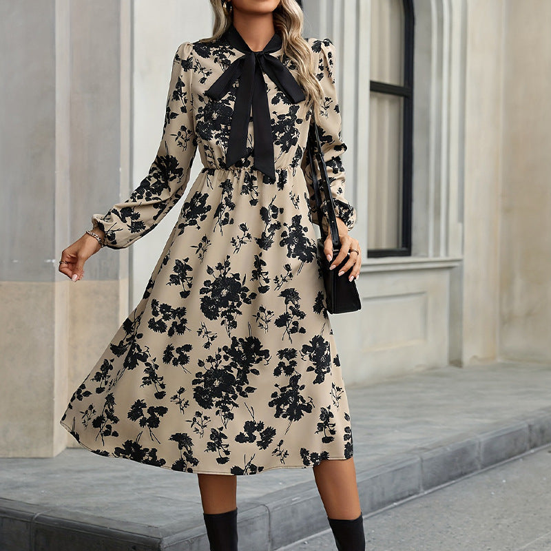 Damen elegantes Midi-Kleid mit Blumenmuster und Schleifendetails WW