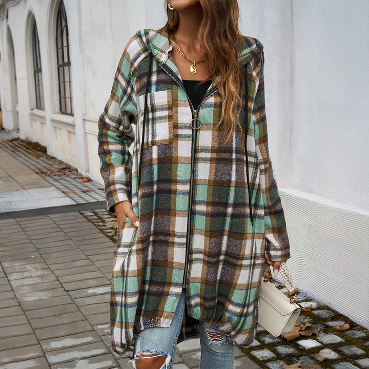 Damen Karierte Longjacke mit Kapuze und Taschen W&W Mode