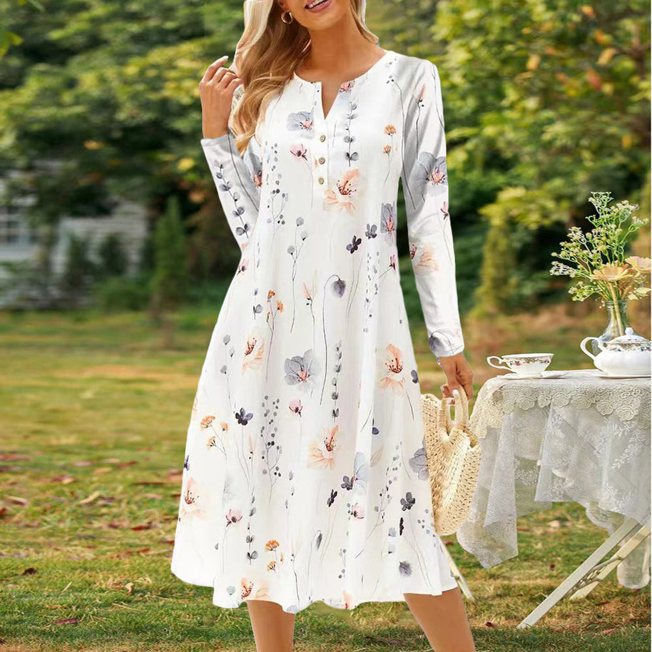 WW | Bedrucktes V-Ausschnitt Knopf Langarmkleid