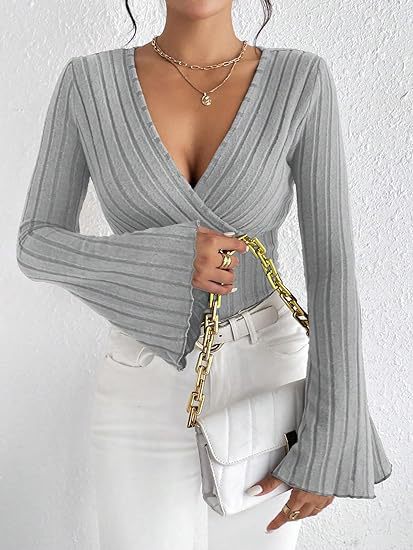 Damen Strickoberteil mit Wickeldesign und weitem Ärmel WW