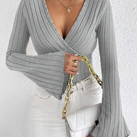 Damen Strickoberteil mit Wickeldesign und weitem Ärmel WW