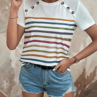 Damen gestreiftes T-Shirt mit modischen Knopfdetails und Rundhalsausschnitt WW