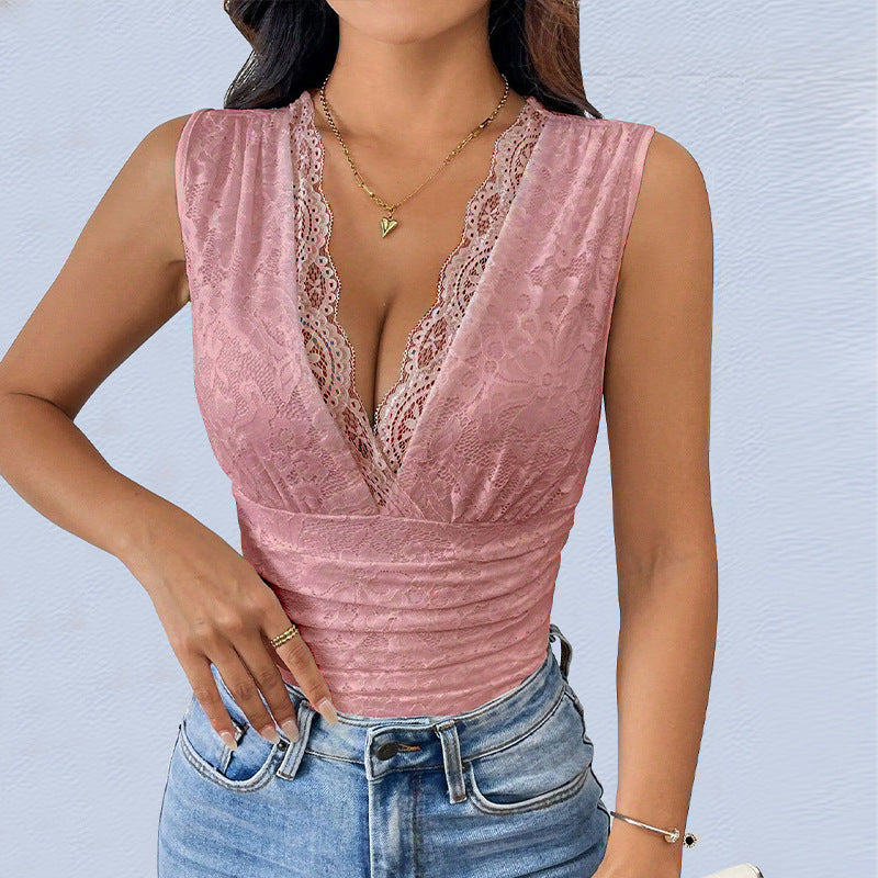 Damen Spitzen-Top mit V-Ausschnitt und gerafftem Design WW