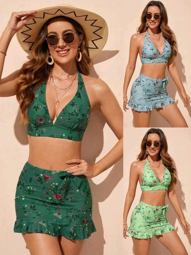 Damen Bikini-Set mit modischem Oberteil und gerafftem Rock WW