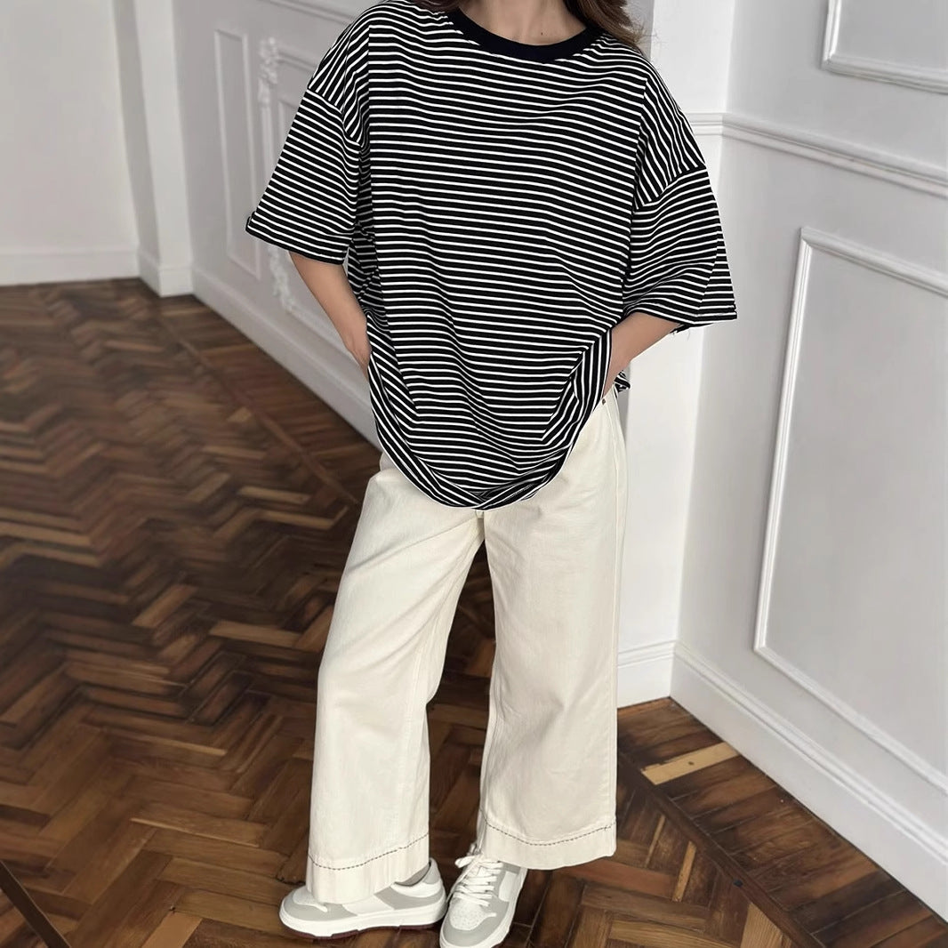 Damen Oversized Streifen-T-Shirt W&W Mode