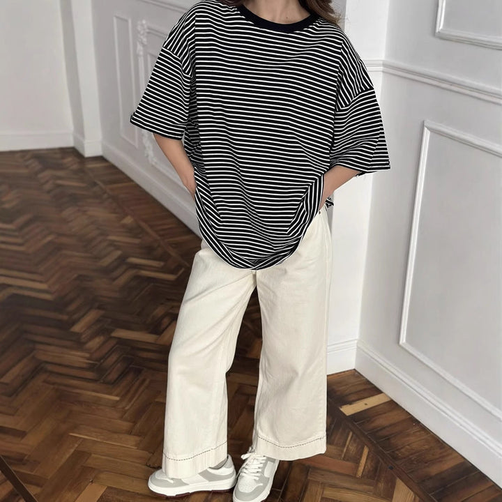 Damen Oversized Streifen-T-Shirt W&W Mode