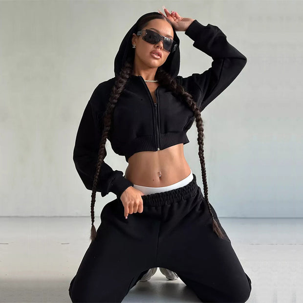 Damen sportliches Cropped Oberteil und weite Freizeithosen Set WW