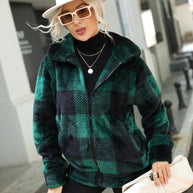 Damen Plüsch-Hoodiejacke mit trendigem Karomuster und praktischen Reißverschlusstaschen WW