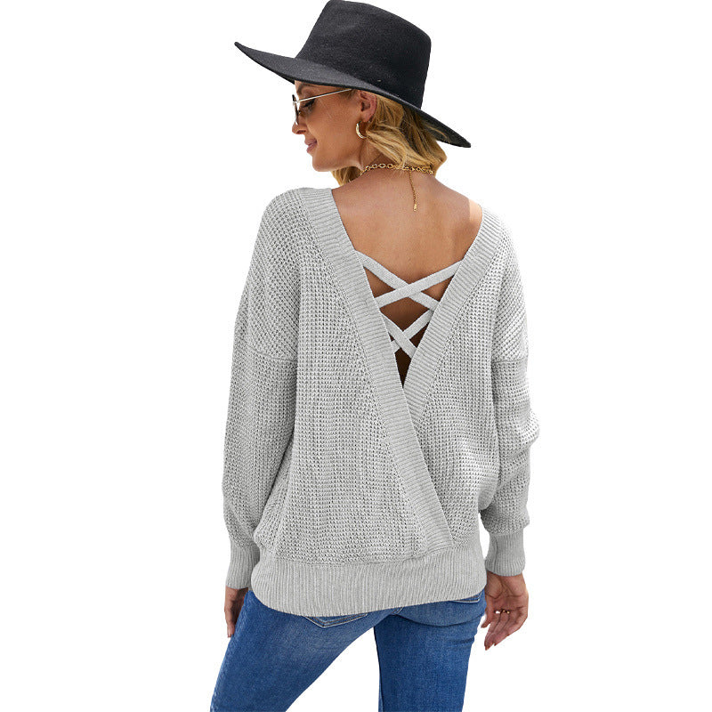 Damen lässiger Strickpullover mit offenem Rückendesign WW