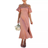 Damen Off-Shoulder Midi-Kleid mit voluminösen Ärmeln und eleganten Akzenten WW