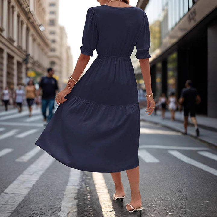 Damen Midi-Kleid mit knöpfbarem V-Ausschnitt und luftigen Puffärmeln W&W Mode