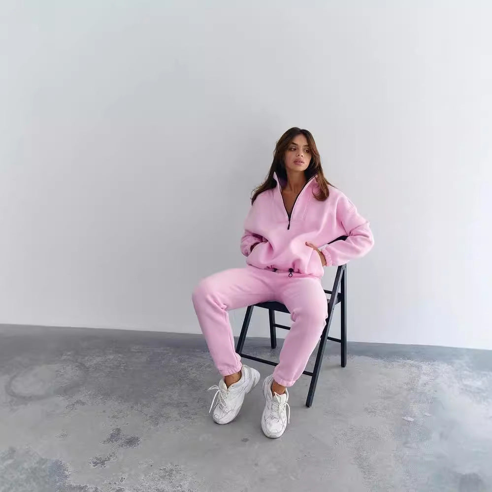 Damen Sportlicher Fleece-Traininganzug mit halbem Reißverschluss und elastischen Bündchen WW