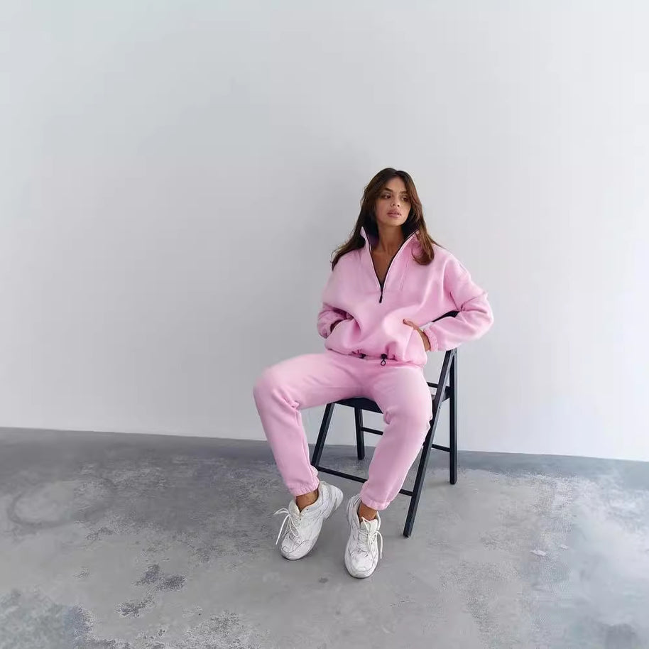 Damen Sportlicher Fleece-Traininganzug mit halbem Reißverschluss und elastischen Bündchen WW