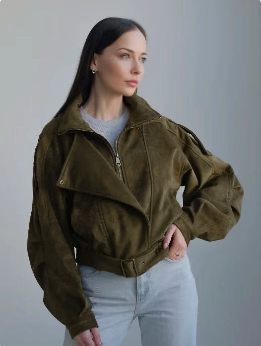 Damen Stilvolle Kurzjacke mit Gürtel und asymmetrischem Schnitt WW