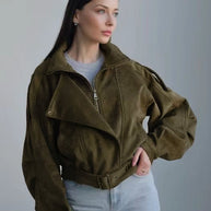 Damen Stilvolle Kurzjacke mit Gürtel und asymmetrischem Schnitt WW