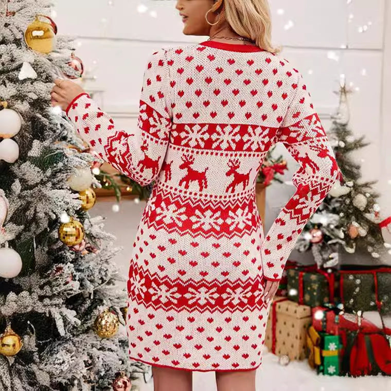 Damen Bequemes Strickkleid im skandinavischen Stil mit festlichem Rentiermotiv WW