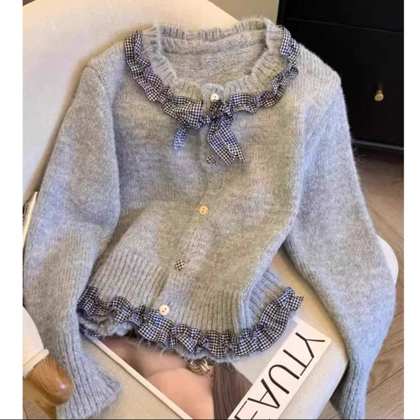 Damen Strickjacke mit Rüschen und eleganter Schleife WW