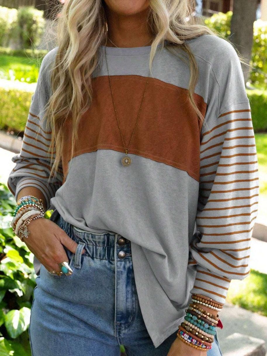 Damen lässiger Sweatshirt mit gestreiften Ärmeln WW