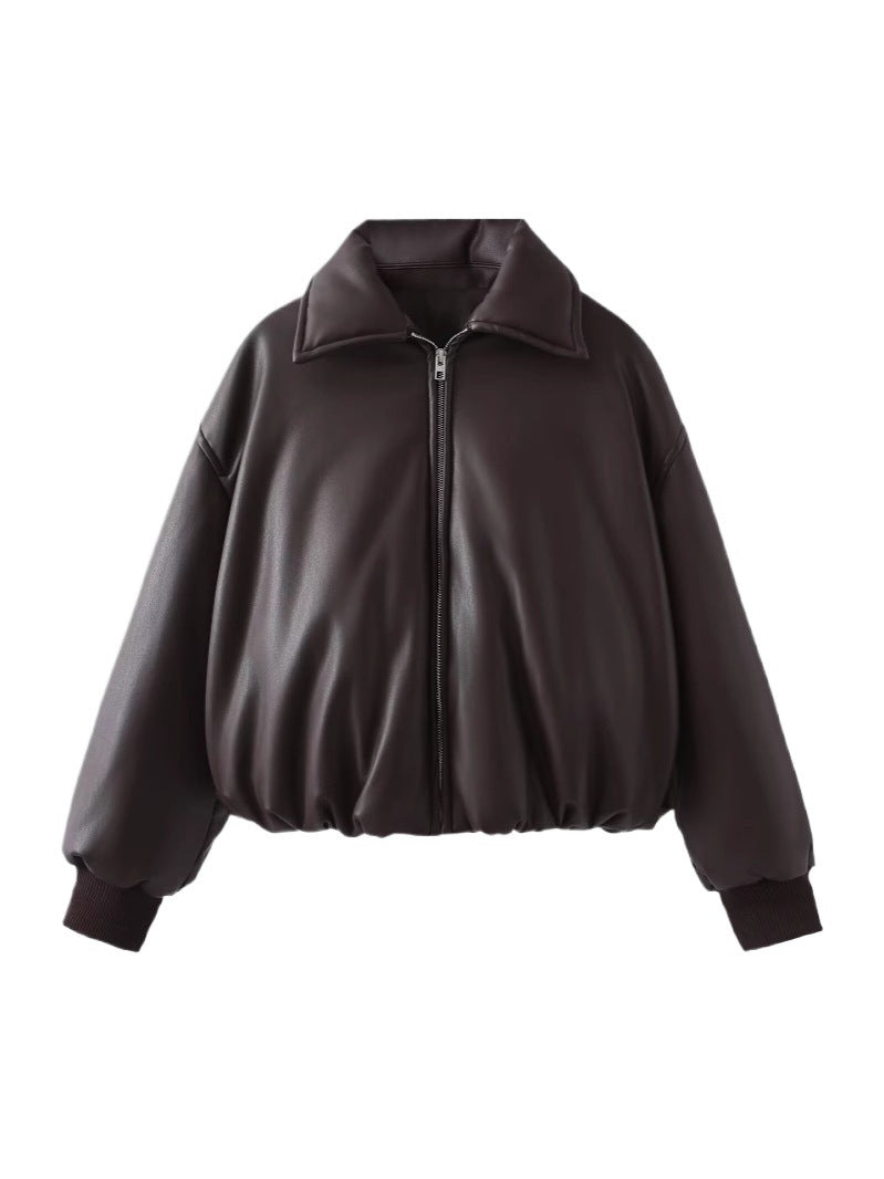 Damen Steppjacke aus Kunstleder mit hohem Kragen und elastischem Bündchen WW