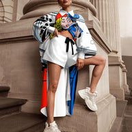 Damen Oversized Hemd mit grafischem Print und kurzer Hosenkombination WW