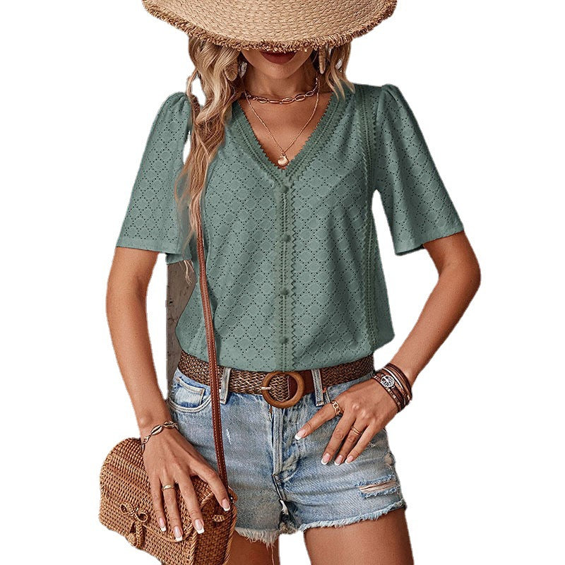 Damen Bluse mit dekorativem Lochmuster und elegantem V-Ausschnitt WW