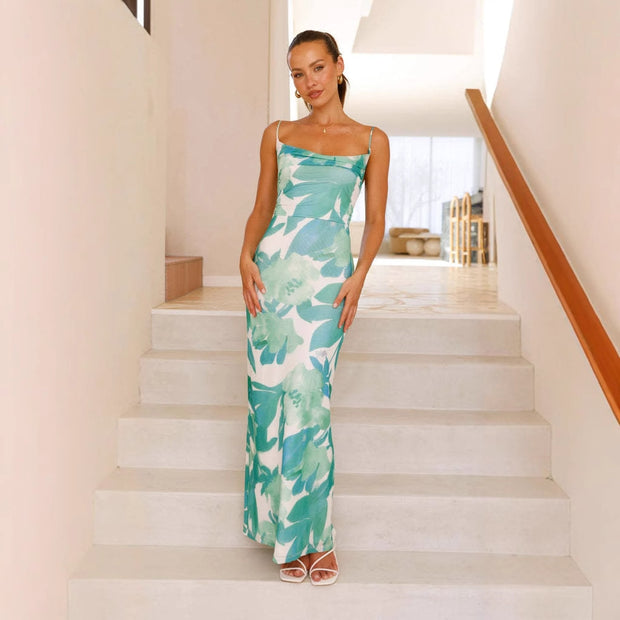 Damen ärmelloses Maxikleid mit floralem Print und elastischer Korsett-Taille WW
