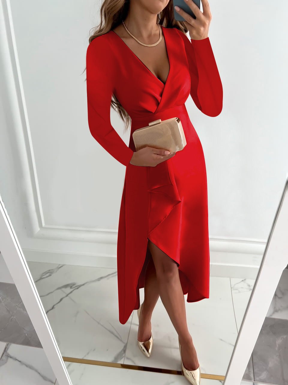 W&W Mode | Elegantes V-Ausschnitt Wickelkleid mit langen Ärmeln für Damen