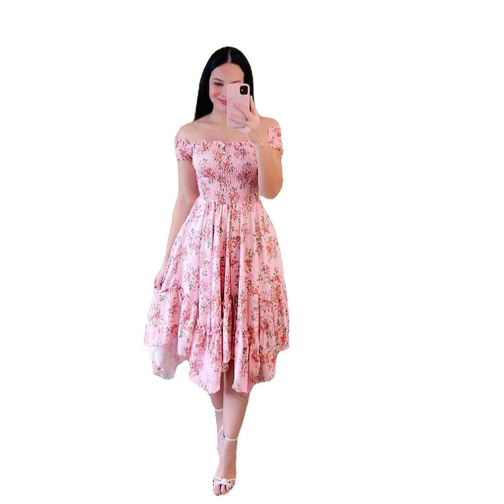 Damen Sommerliches Off-Shoulder Kleid mit farbenfrohem Schmetterlingsmuster und geschmeidigem Faltenwurf W&W Mode