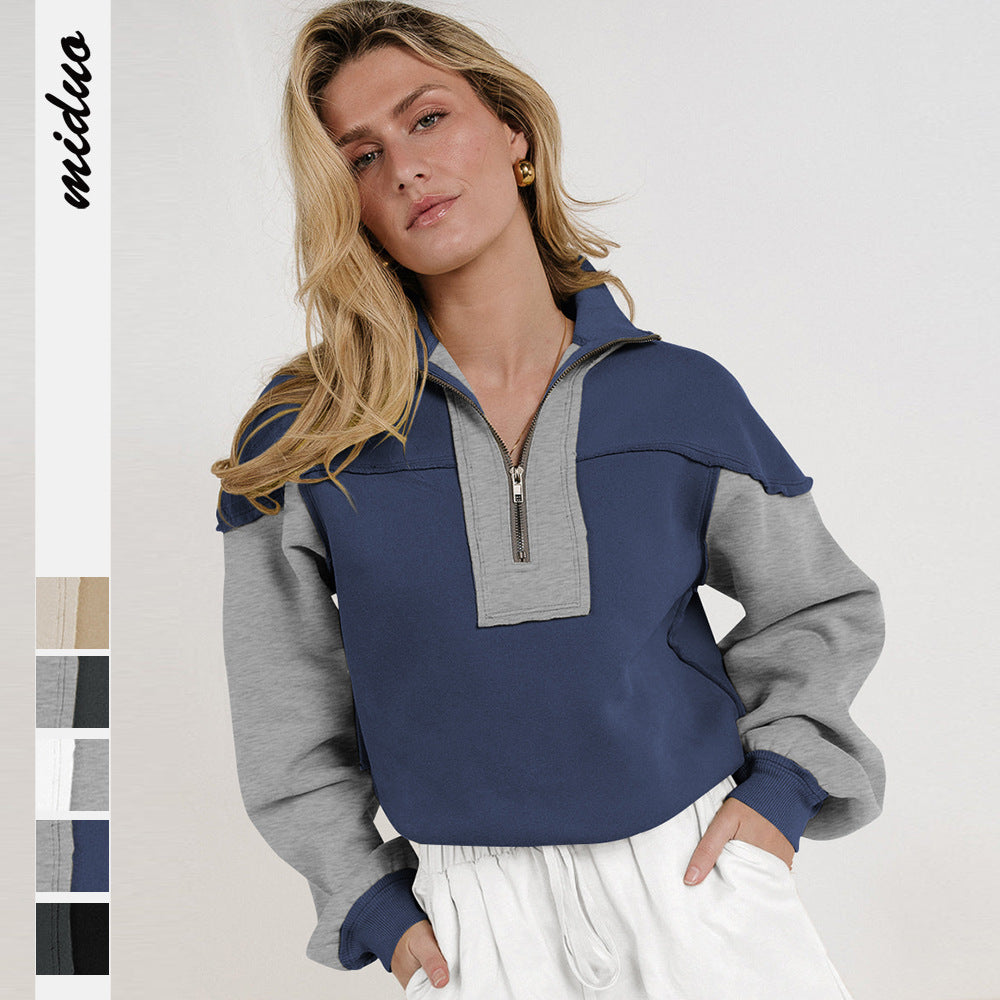 Damen lässiger Pullover mit halbem Reißverschluss und kontrastierenden Ärmeln WW