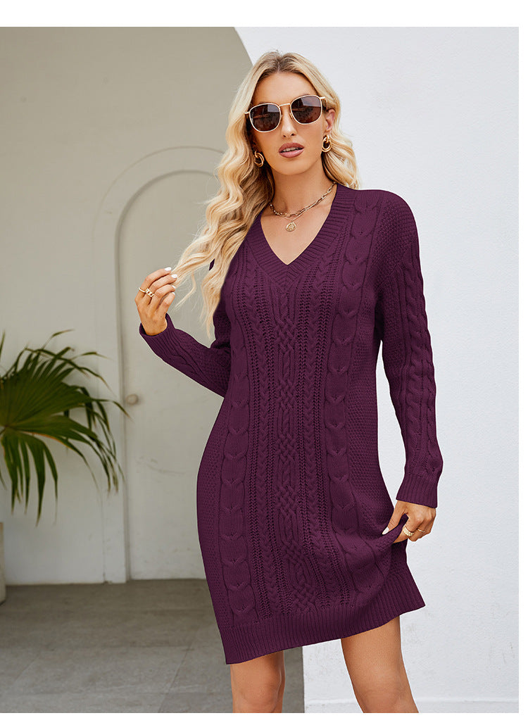 WW | Einfarbiges V-Ausschnitt Drehstrickkleid