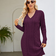 WW | Einfarbiges V-Ausschnitt Drehstrickkleid