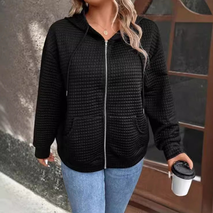 Damen lockere Kapuzenjacke mit strukturierter Waffeloberfläche und praktischen Taschen W&W Mode