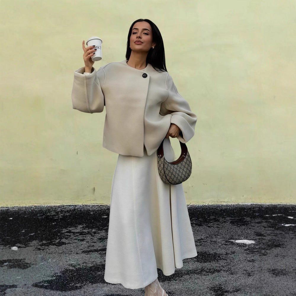 Damen Wickeljacke mit weiten Ärmeln und dekorativem Knopf WW