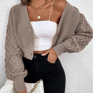 Damen Strickjacke mit tiefem V-Ausschnitt und Puffärmeln WW