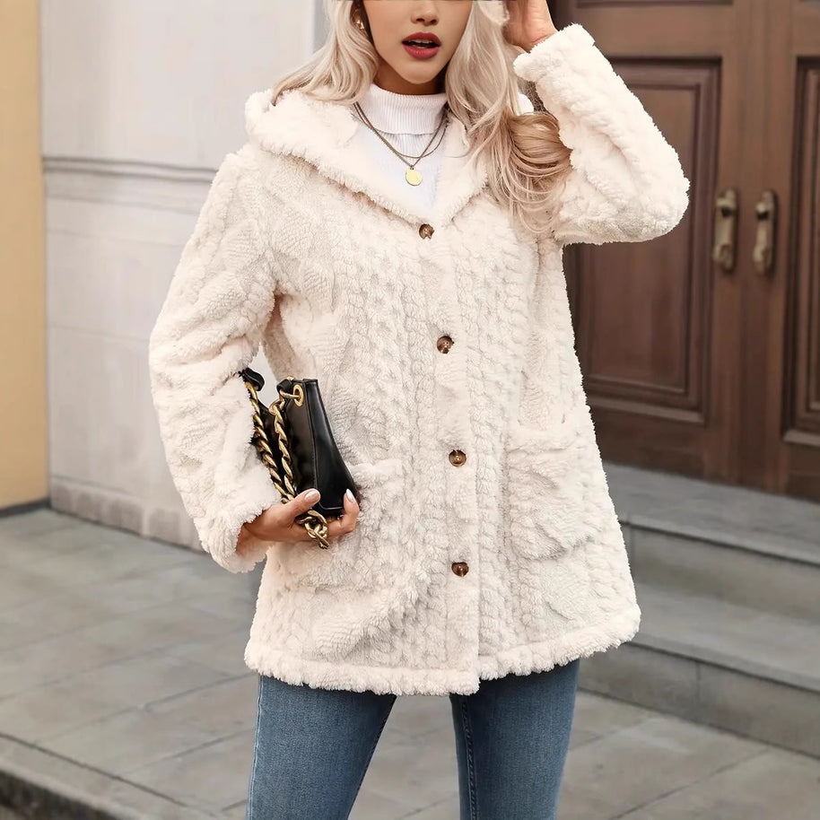 Damen angenehme und weiche Plüschjacke mit Kapuze und Taschen WW