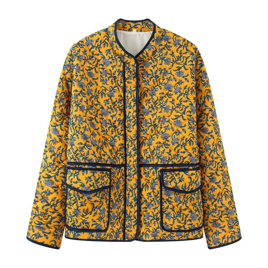 Damen außergewöhnliche Steppjacke mit floralen Mustern und praktischen Taschen WW
