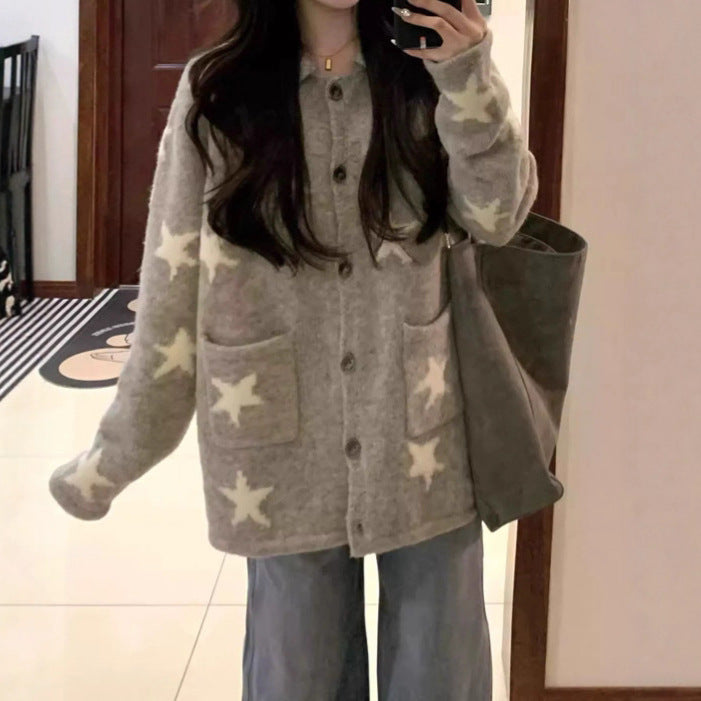 Damen Strickjacke mit Sternenmuster und praktischen Taschen WW