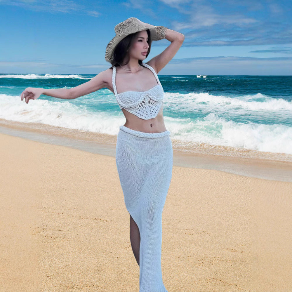 Damen Set aus gehäkeltem Crop-Top und Bleistiftrock WW